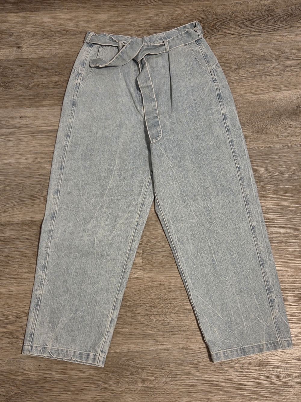 ANNTIAN High-Rise Light Wash Wide Leg Jeans with Self-Tie Belt - Light Blue Sz M - Picture 2 of 10